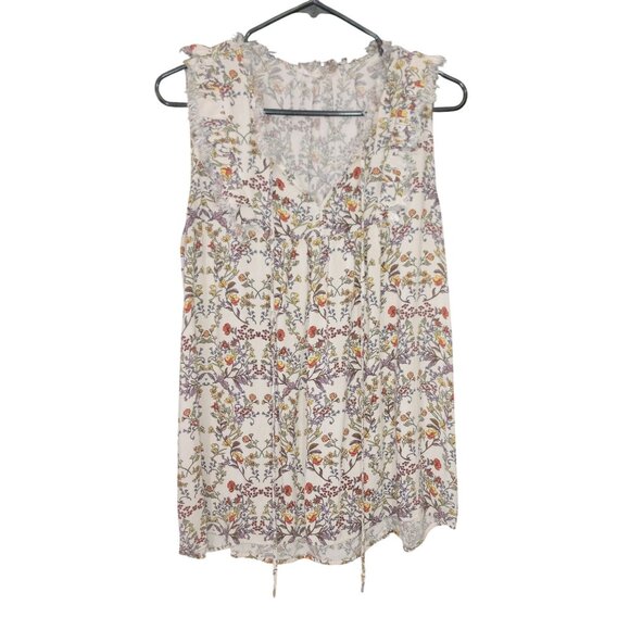 Floral Sleeveless V-Neck Blouse With Ruffle Trim By Pleione Anthropologie L/G - Picture 10 of 14